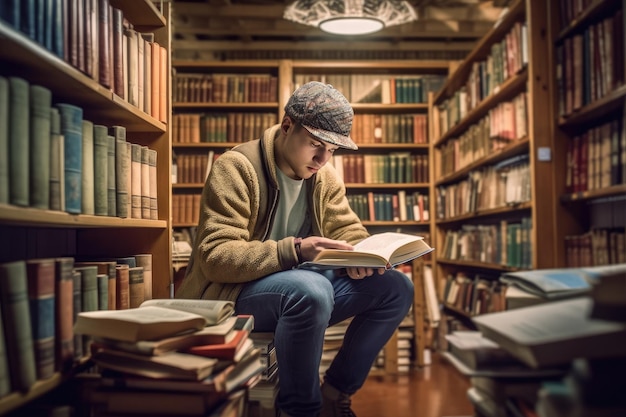 Un uomo siede in una biblioteca a leggere un libro