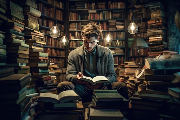 Un uomo siede in una biblioteca a leggere un libro