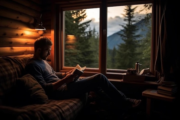 un uomo siede in una cabina con un libro in grembo.