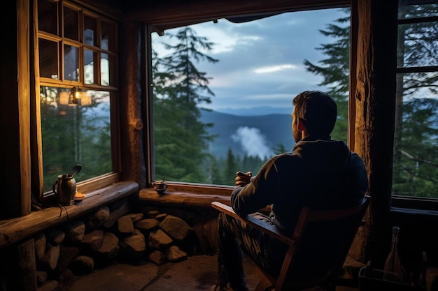 un uomo siede in una capanna e guarda una vista sulle montagne.