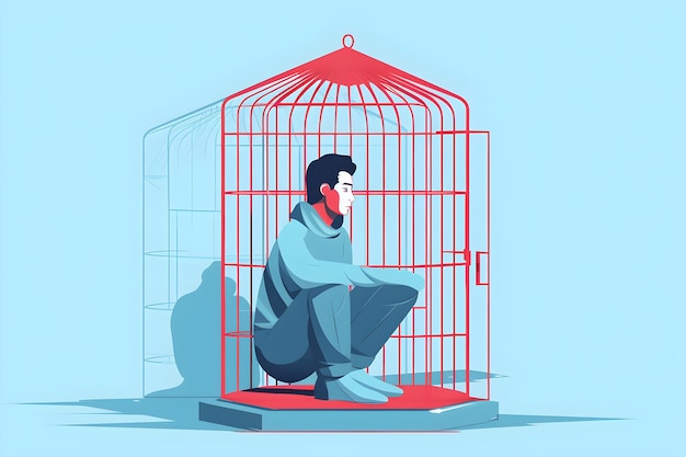 Un uomo siede in una gabbia con sopra la parola libertà.
