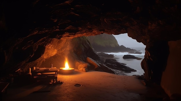 Un uomo siede in una grotta con un fuoco in mano.