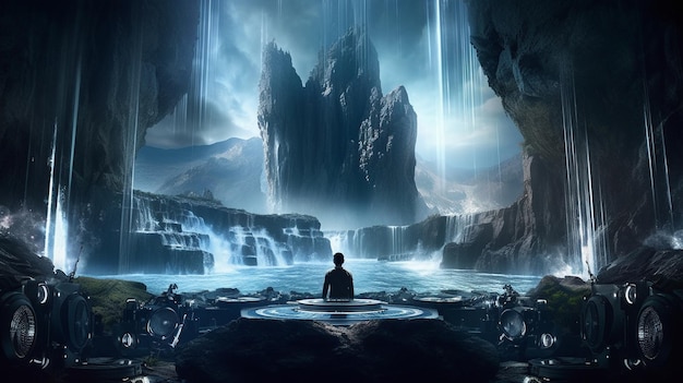 Un uomo siede in una grotta con una cascata sullo sfondo.