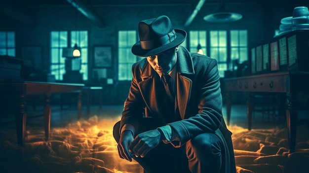 Un uomo siede in una stanza buia con un cappello e una giacca che dice "l'uomo al centro"