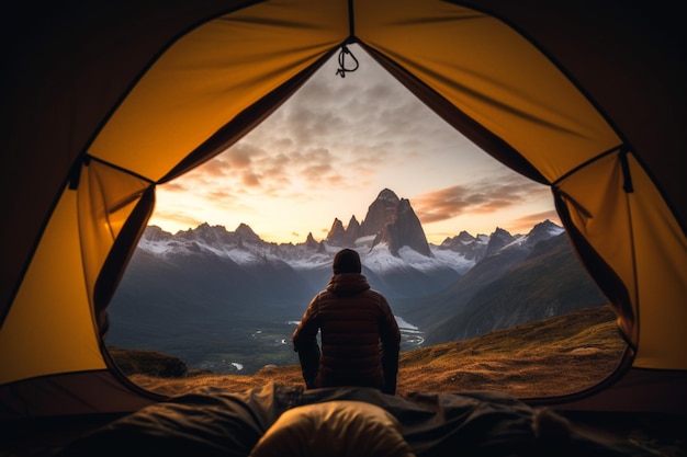 Un uomo siede in una tenda a guardare le montagne e il tramonto è visibile.