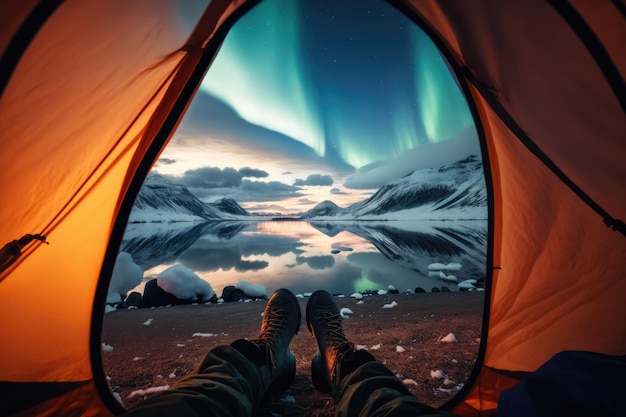 Un uomo siede in una tenda con l'aurora boreale sullo sfondo.