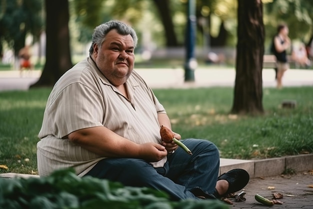 Un uomo siede per terra in un parco, con in mano un pezzo di lattuga.