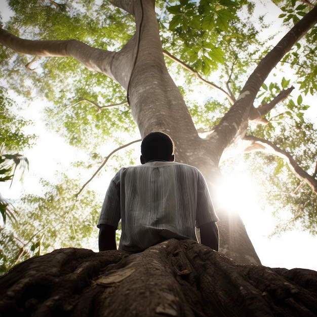 Un uomo siede su un albero con il sole che gli splende sulla camicia.
