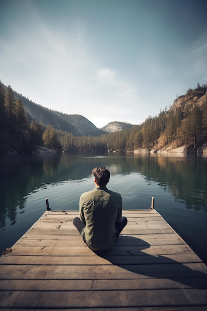 Un uomo siede su un molo di fronte a un lago di montagna.