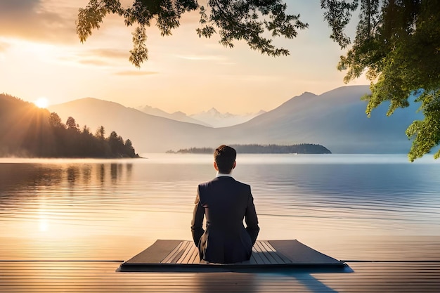 Un uomo siede su un molo di fronte a un lago e guarda le montagne.