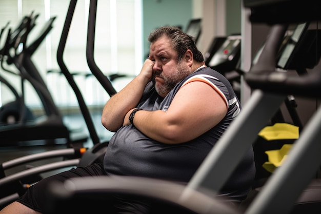 Un uomo siede su un tapis roulant in una palestra con un omone grasso che indossa una camicia grigia