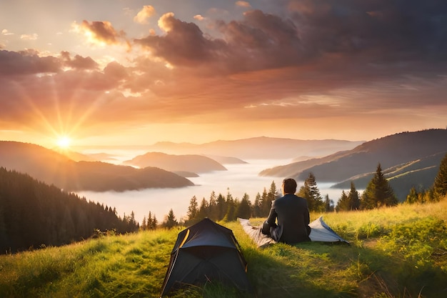 Un uomo siede su una coperta davanti a una tenda e guarda l'alba.