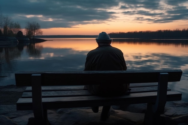 Un uomo siede su una panchina al tramonto e guarda un lago.