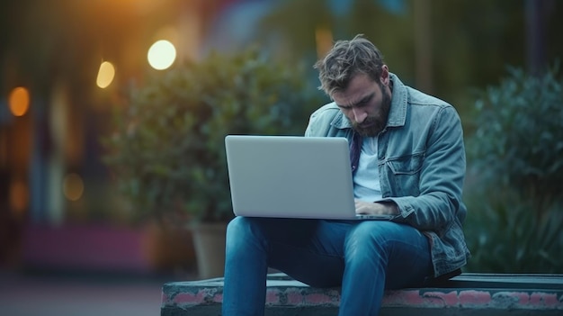 Un uomo siede su una panchina con un computer portatile.