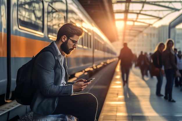 Un uomo siede su una panchina davanti a un treno con un telefono in mano