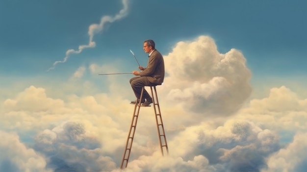 Un uomo siede su una scala tra le nuvole, guardando un dipinto di un uomo su una scala.