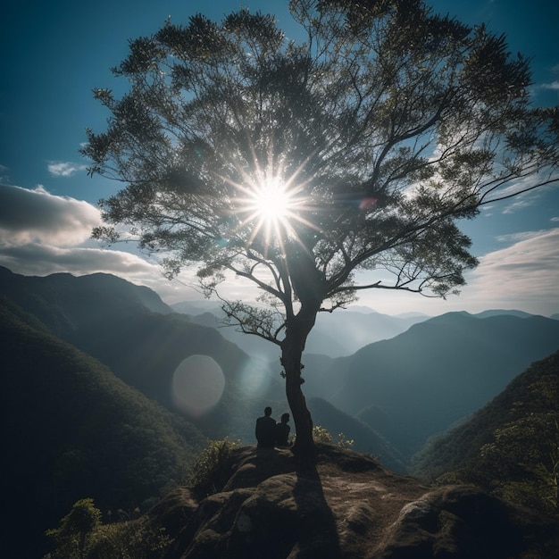 Un uomo siede su una scogliera con il sole che gli splende in faccia.