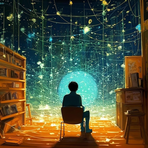 Un uomo siede su una sedia davanti a uno spazio pieno di stelle.