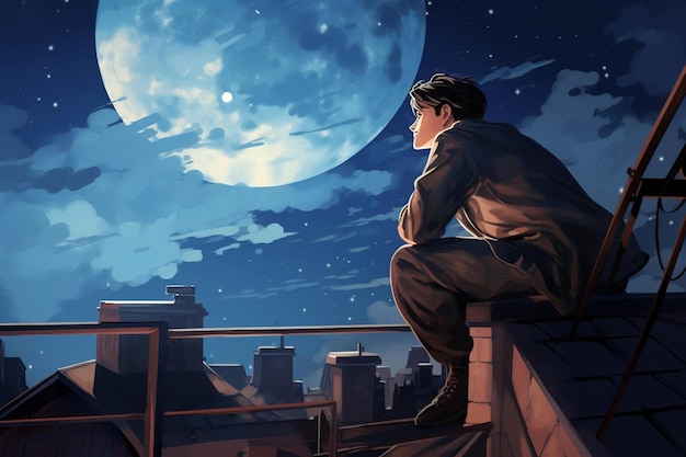 un uomo siede su una sporgenza con una luna piena sullo sfondo.