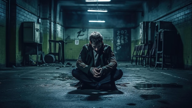 Un uomo siede sul pavimento in una stanza buia con le parole "il lato oscuro dell'immagine"
