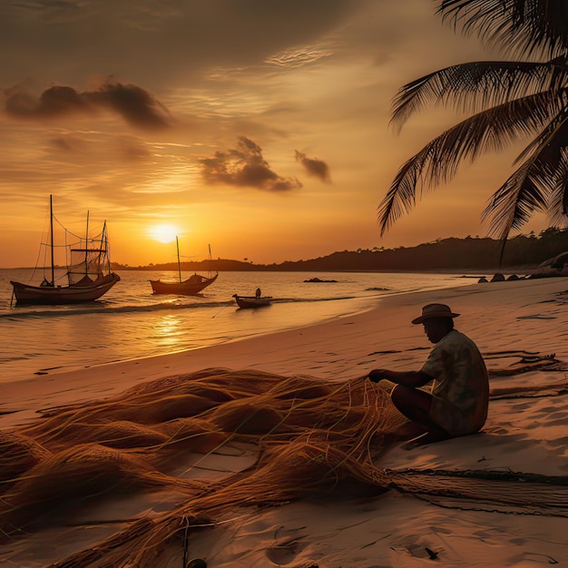 Un uomo siede sulla spiaggia con una rete da pesca davanti a sé.