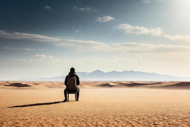 Un uomo solitario seduto nel deserto