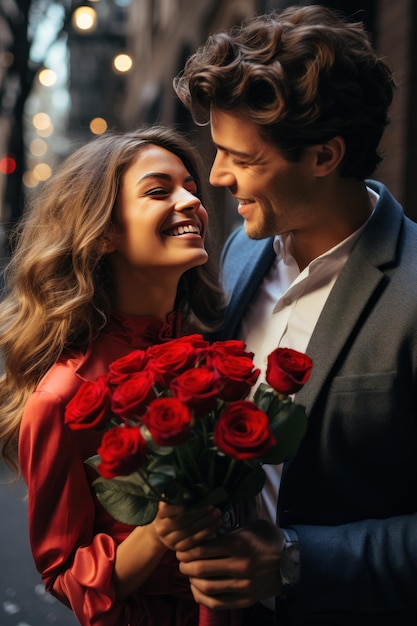 Un uomo sorprende una donna con un mazzo di rose rosse