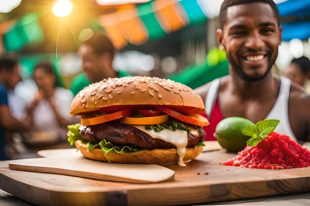 Un uomo sorride dietro un hamburger che ha un sacco di frutta e verdura.