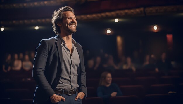 Un uomo sorride in un teatro con una folla di persone che lo guardano