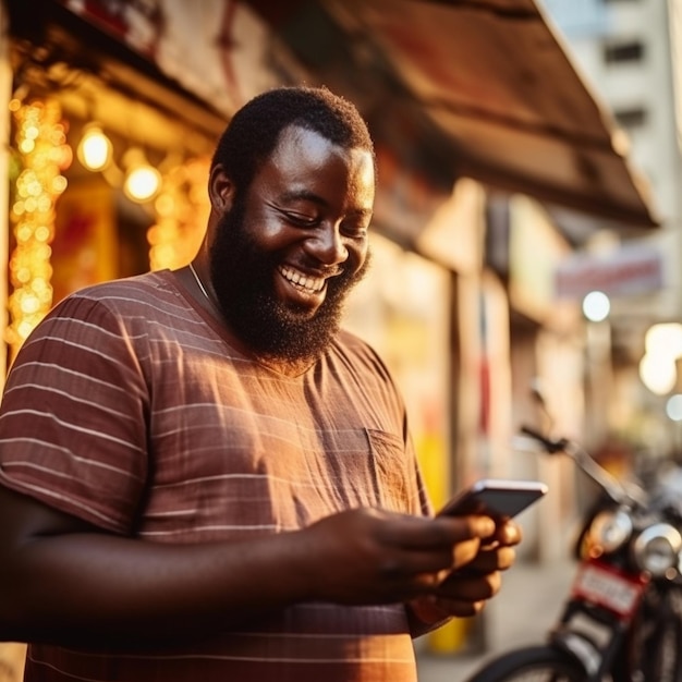 un uomo sorride mentre guarda il suo telefono