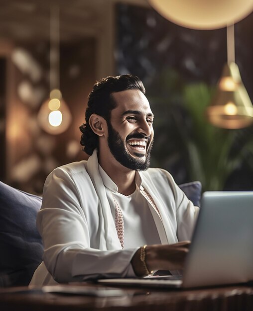 Un uomo sorride mentre usa un computer portatile.