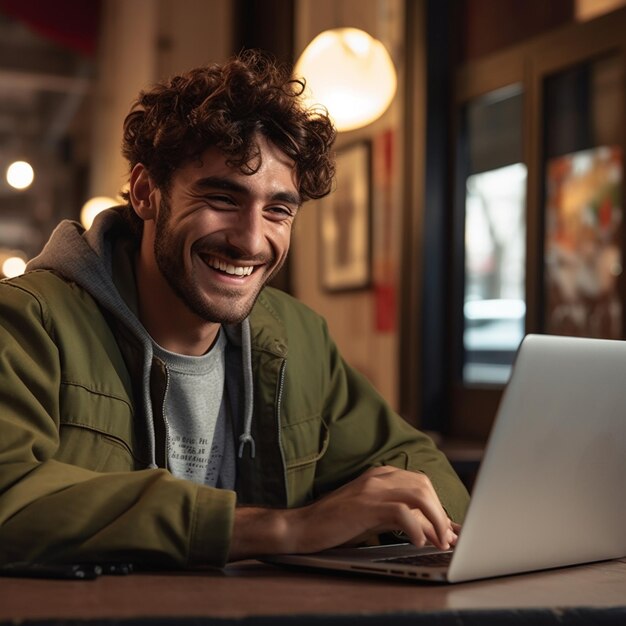 Un uomo sorride mentre usa un computer portatile.