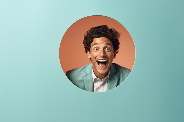 Un uomo sorride su uno sfondo pastello con buchi in stile pubblicitario