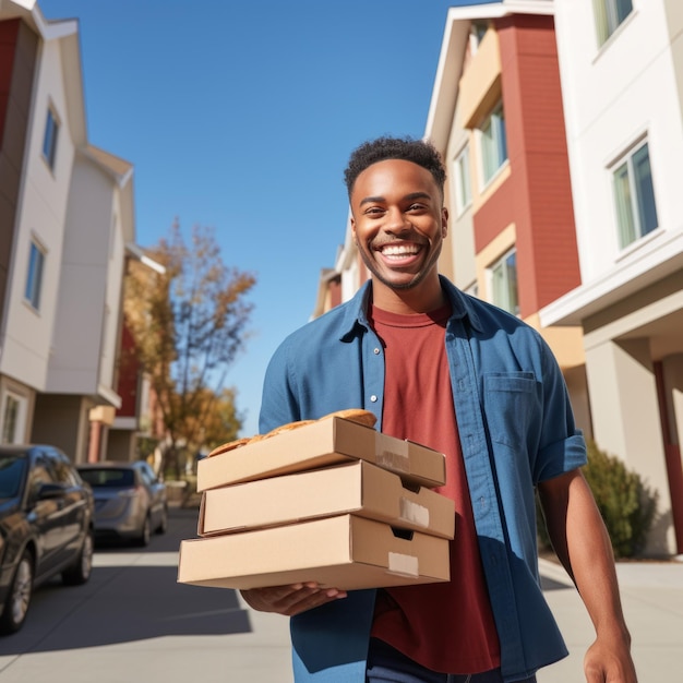 Un uomo sorridente che porta tre scatole di pizza