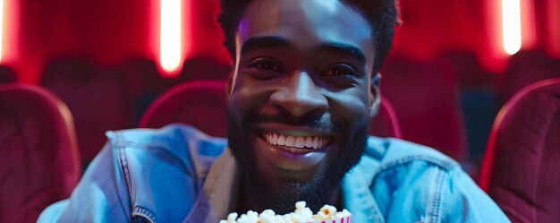 Un uomo sorridente che si gode di un film con i popcorn al cinema Concept Entertainment Cinema Popcorn Uomo sorridente Divertimento