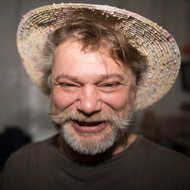 Un uomo sorridente con la barba e il cappello è felice sotto il sole