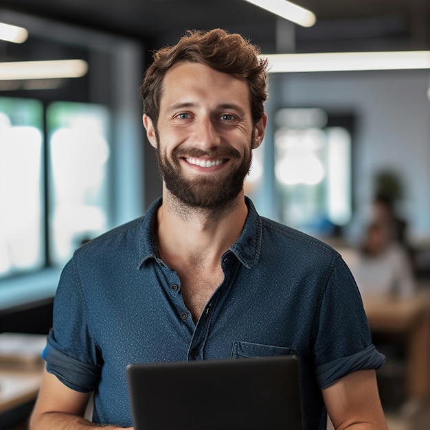 Un uomo sorridente con la barba e una maglietta blu.