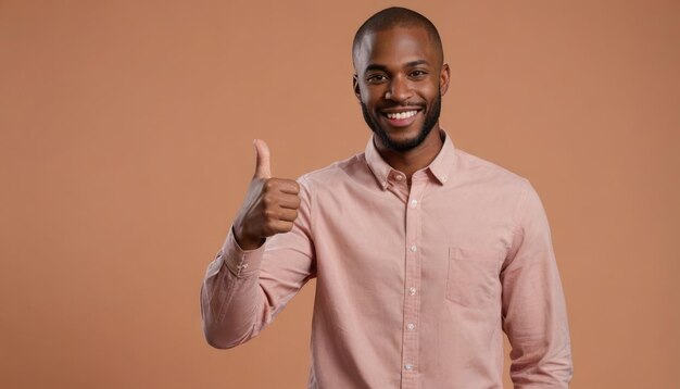 Un uomo sorridente con una camicia rosa che alza il pollice per segnalare approvazione e soddisfazione