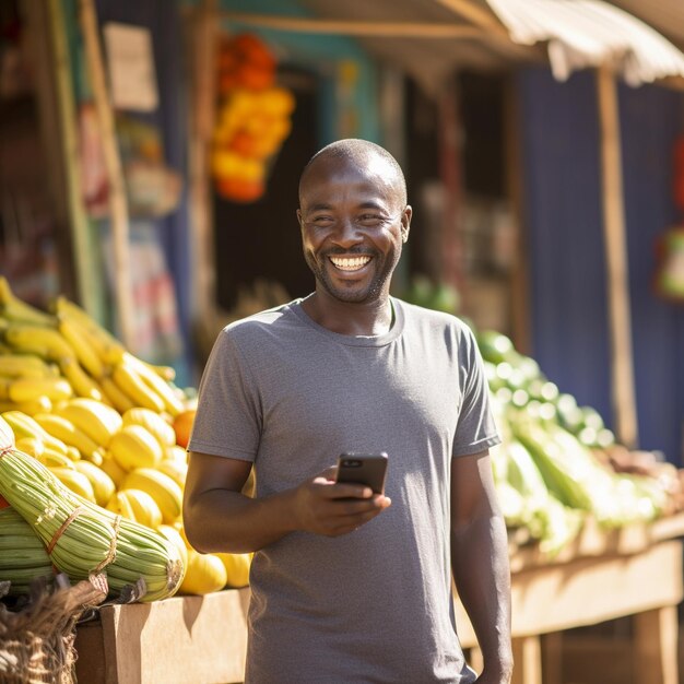 un uomo sorridente guarda il suo telefono mentre tiene in mano un telefono