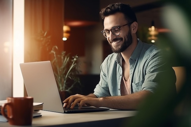 Un uomo sorridente lavora a un computer portatile di videocomunicazione di lavoro remoto ai