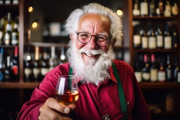 Un uomo sorridente positivo anziano fiducioso con la barba che assaggia vino rosso nella sua cantina