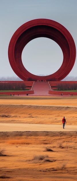 un uomo sta camminando di fronte a un grande cerchio rosso con la parola o su di esso