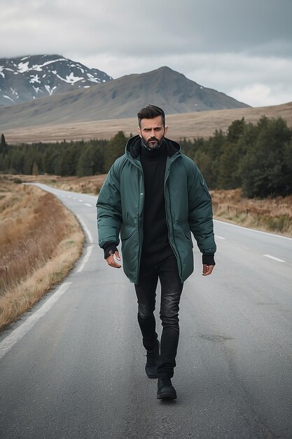 Un uomo sta camminando su una strada con una giacca.