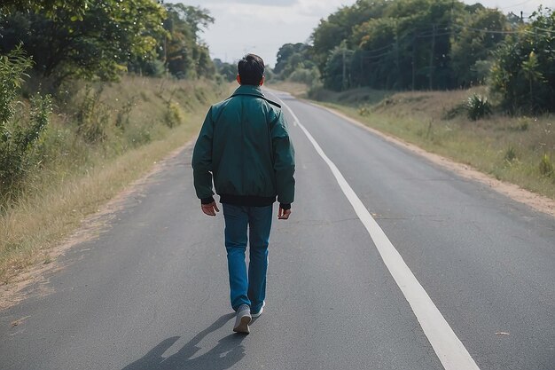 Un uomo sta camminando su una strada con una giacca.