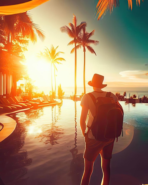 Un uomo sta camminando verso una piscina con palme sullo sfondo.