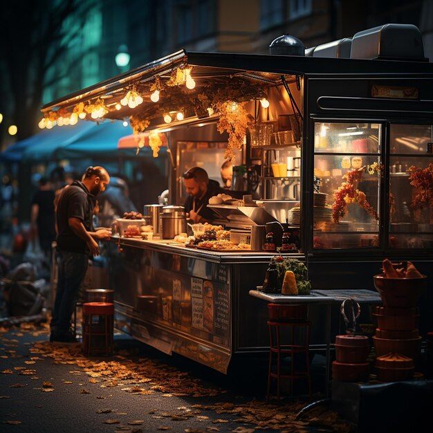 Un uomo sta cucinando cibo in un carrello del cibo fuori