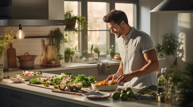 un uomo sta cucinando la cena nella sua cucina