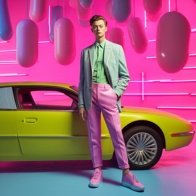 un uomo sta davanti ad un'insegna al neon che dice "l'auto è di colore rosa".