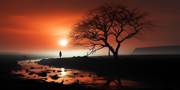 un uomo sta di fronte a un tramonto con la sagoma di un albero.