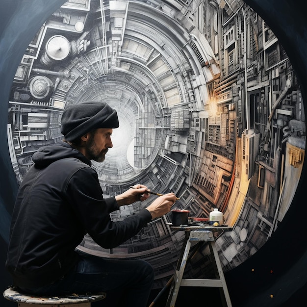 un uomo sta dipingendo l'immagine di un'astronave.
